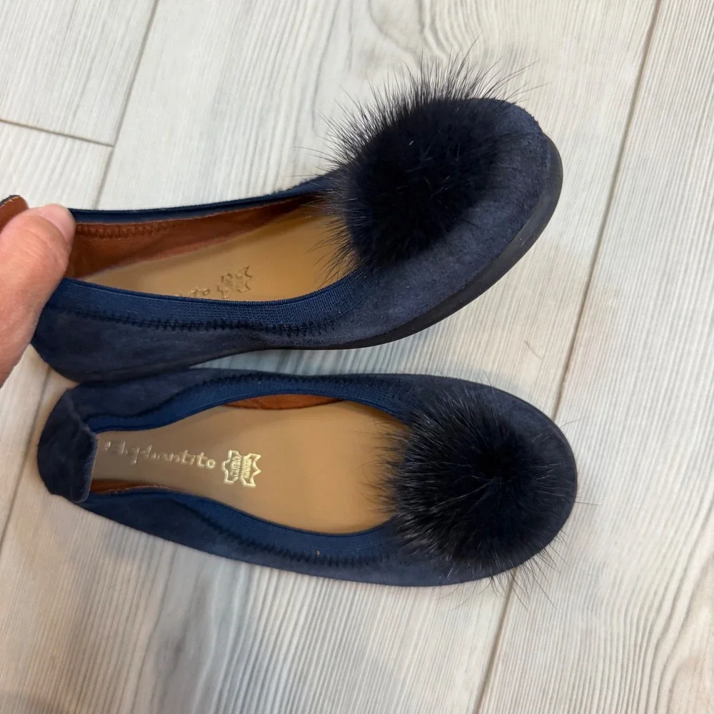 Elephantito Girls Navy Blue Suede Pom Pom Ballet Flats Made in Spain Size 29 12